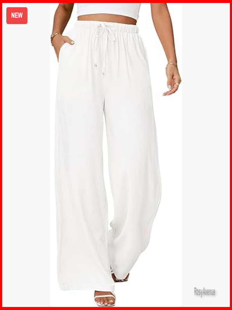 Linen Blend High Waist Wide Leg Palazzo Pants With Drawstring Pockets